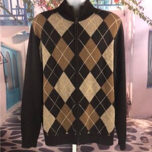 Brooks Brothers Brown Argyle Full Zip Sweater Cardigan